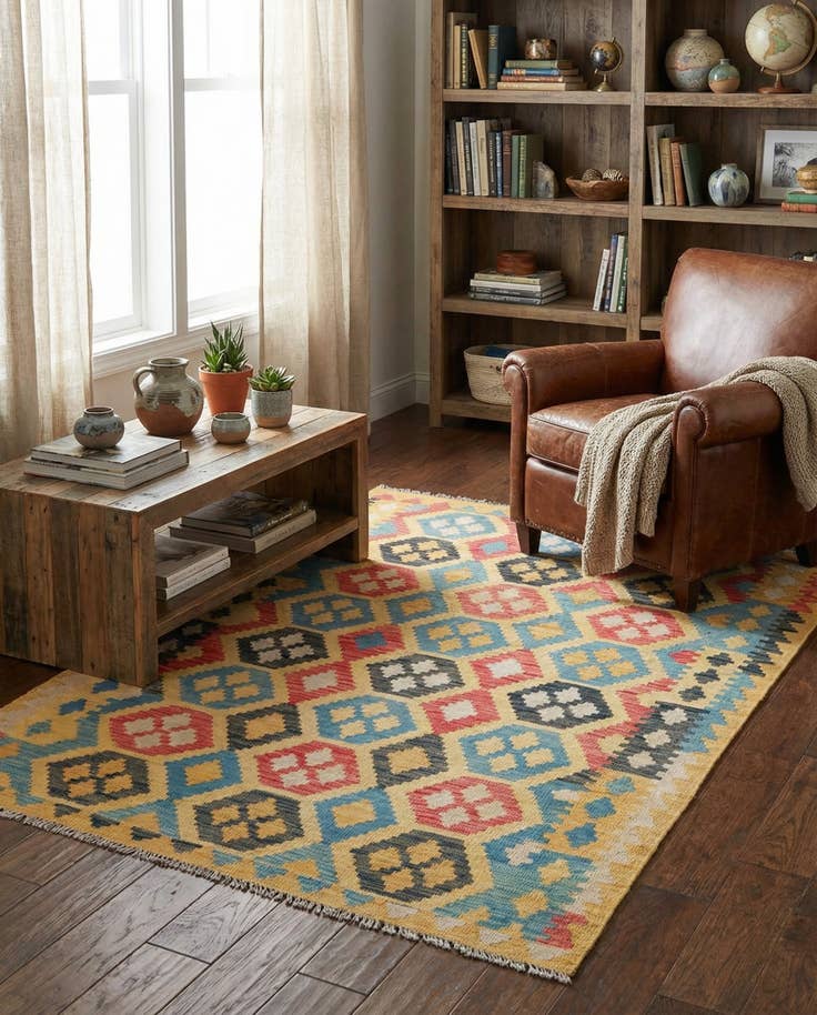 Detail image of 4' 2 x 5' 10 Hand Woven Kilim Maymana Wool Rug