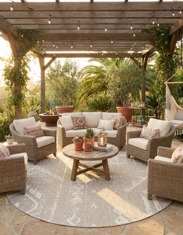 Gray Easy-Clean Bohemian Indoor / Outdoor Round Rug