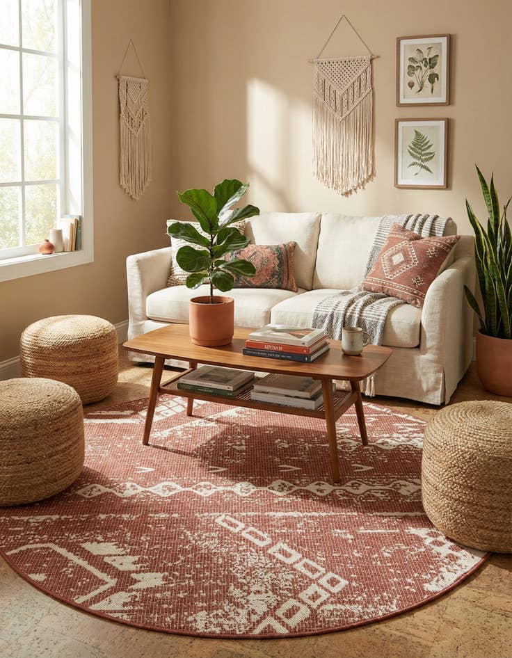 Detail image of 6' x 6'  Washable Bohemian Indoor / Outdoor Round Rug