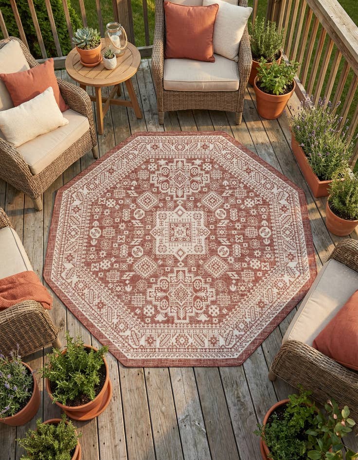 Detail image of 7' 10 x 7' 10  Washable Aztec Indoor / Outdoor Octagon Rug
