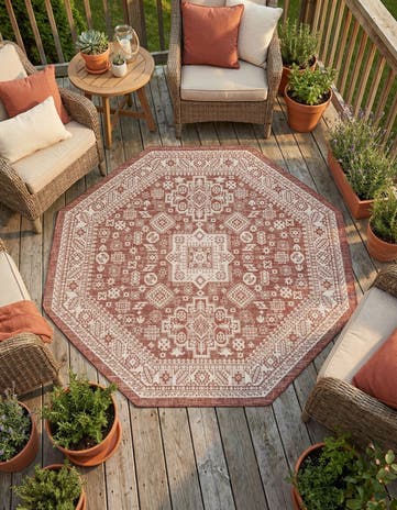Rust Red Easy-Clean Aztec Indoor / Outdoor Octagon Rug