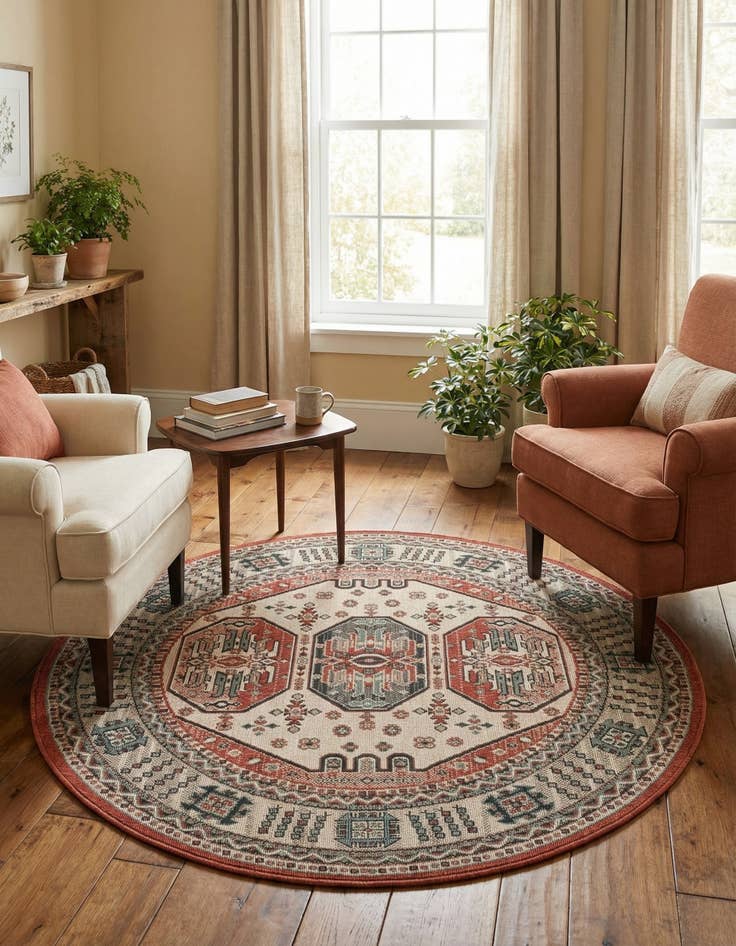 Detail image of 5' x 5' Easy-Clean Traditional Indoor / Outdoor Round Rug