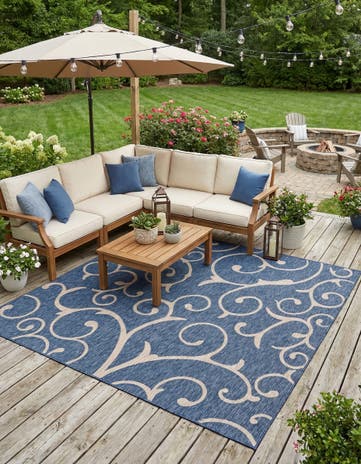 Blue Easy-Clean Botanical Indoor / Outdoor Square Rug