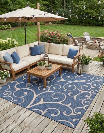 Blue Easy-Clean Botanical Indoor / Outdoor Square Rug