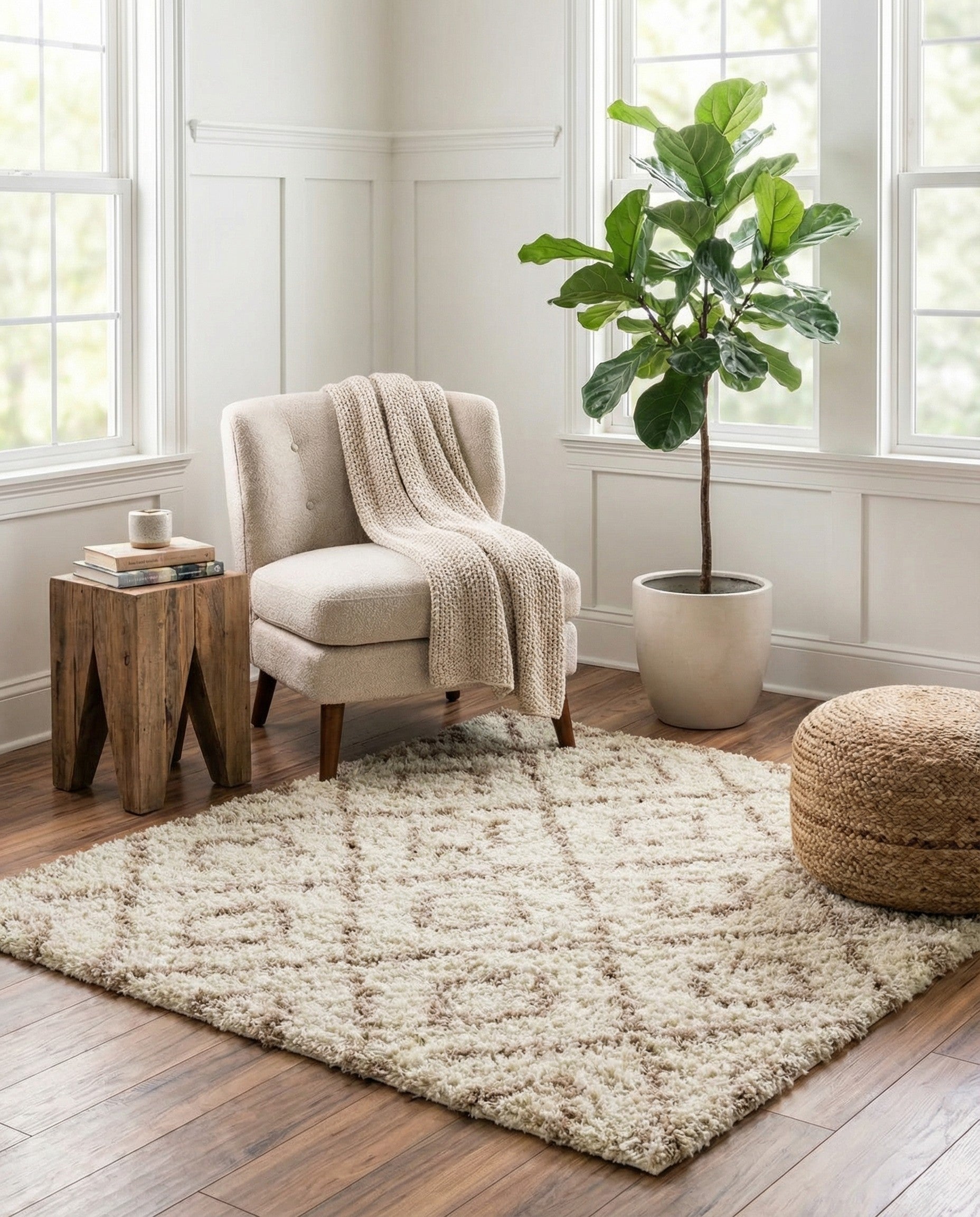 A 3' 3 x 3' 3 square Rugs.com Lattice Shag rug featuring a modern geometric pattern in ivories, creams, and browns.