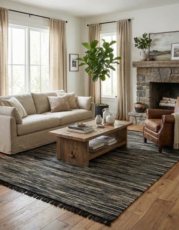 Navy Blue and Ivory Hand Woven Chunky Jute Rug