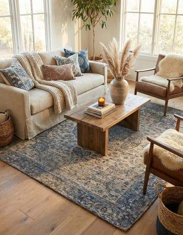 Blue Hand Woven Chenille Jute Square Rug