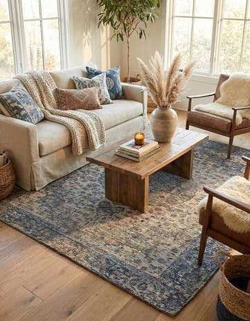 Blue Hand Woven Chenille Jute Square Rug