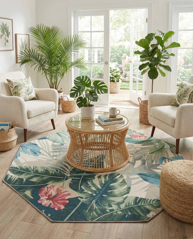Detail image of 5' 3 x 5' 3 Easy-Clean Botanical Indoor / Outdoor Octagon Rug