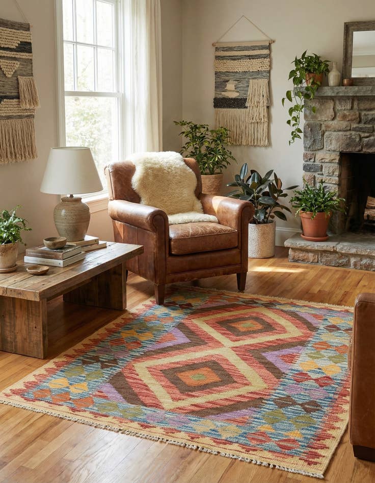 Detail image of 3' 2 x 3' 9  Hand Woven Kilim Maymana Wool Square Rug