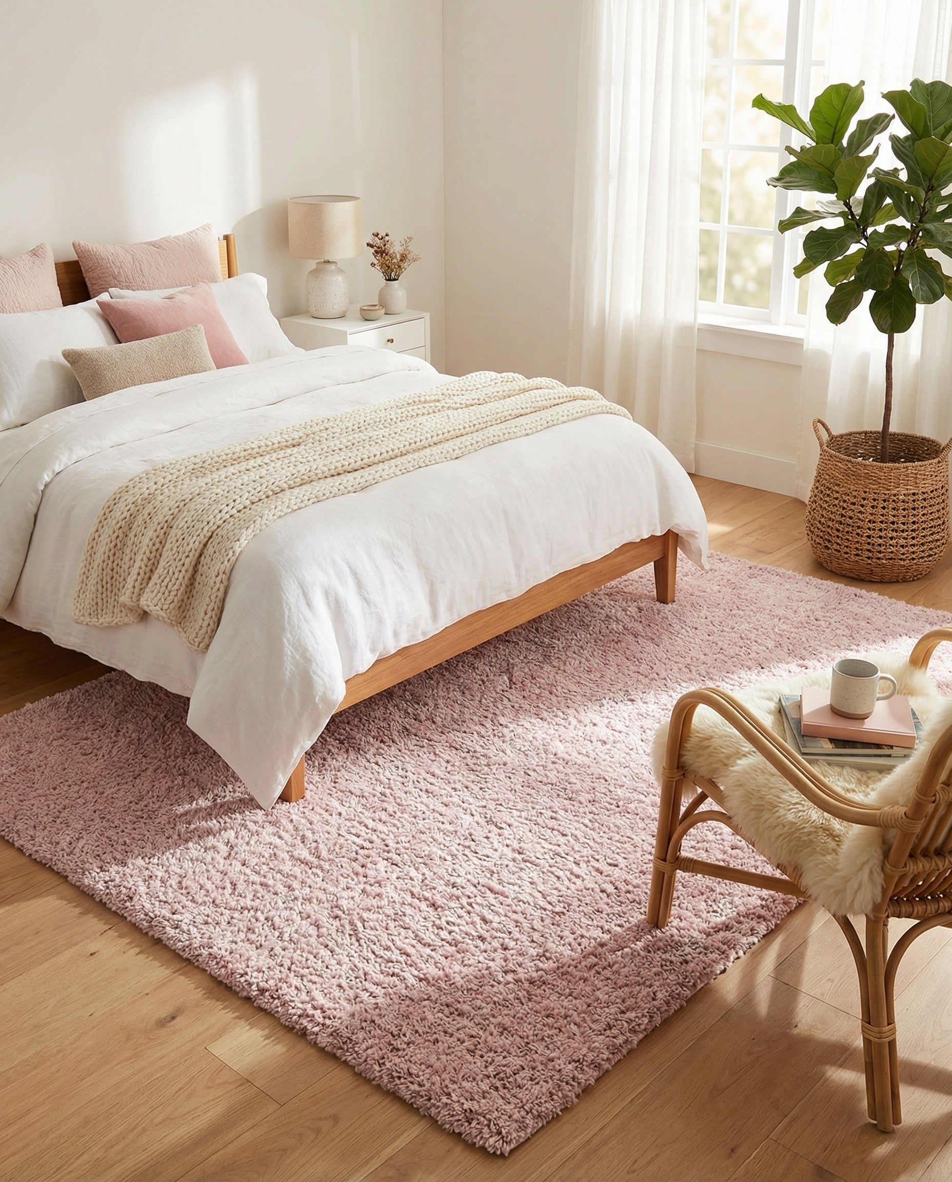 A soft pink 8x10 rectangular shag area rug with a textured pile, suitable for a bedroom or living room.