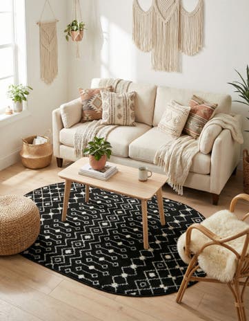 Black and White Moroccan Trellis Oval Rug