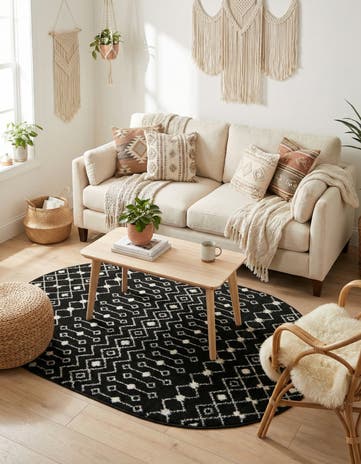 Black and White Moroccan Trellis Oval Rug