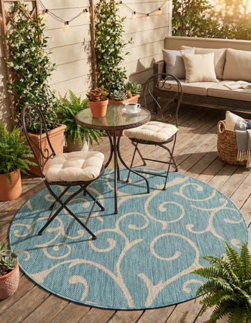 Light Aqua Easy-Clean Botanical Indoor / Outdoor Round Rug