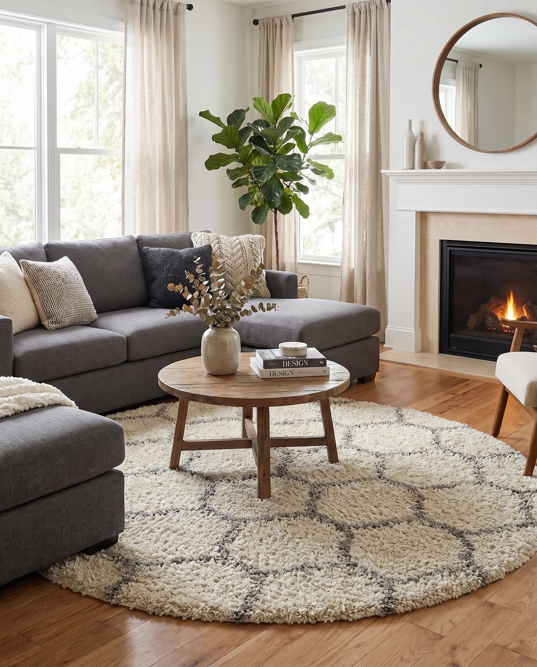 Ivory Lattice Shag Round Rug