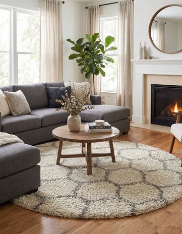 Ivory Lattice Shag Round Rug