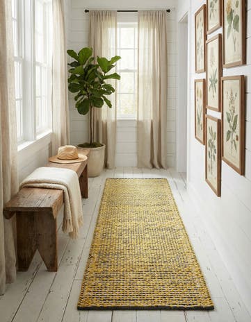 Yellow and Navy Hand Woven Seaside Pearl Jute Runner Rug