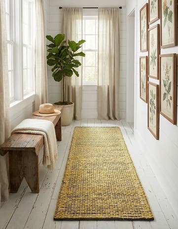 Yellow and Navy Hand Woven Seaside Pearl Jute Runner Rug