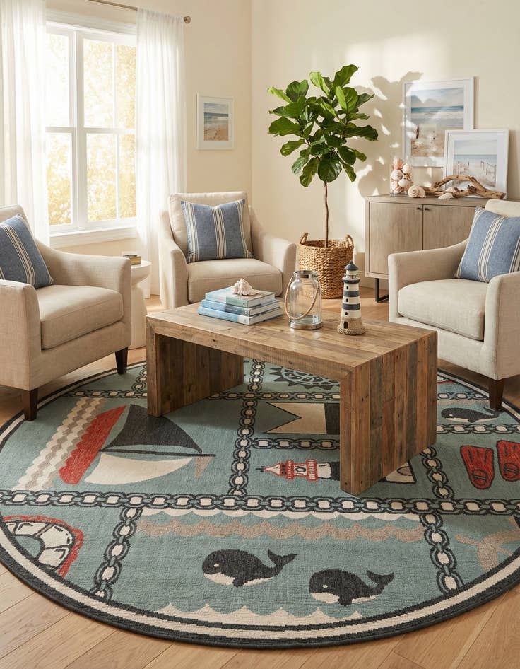 Detail image of 7' 10 x 7' 10  Washable Coastal Indoor / Outdoor Round Rug