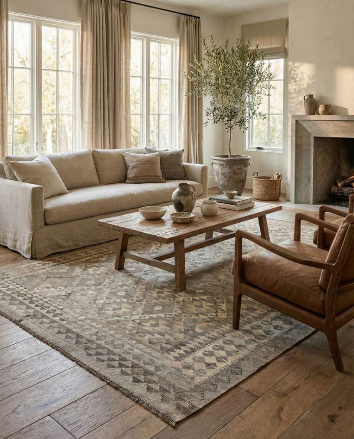 7' x 9' 8 Hand Woven Kilim Maymana Wool Rug