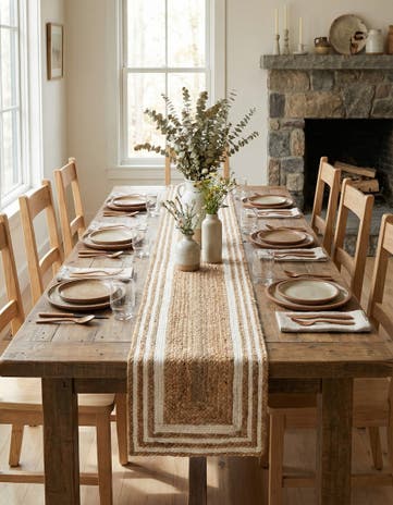 Natural and White Handmade Braided Jute Table Runner Rug