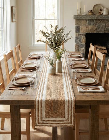 Natural and White Handmade Braided Jute Table Runner Rug