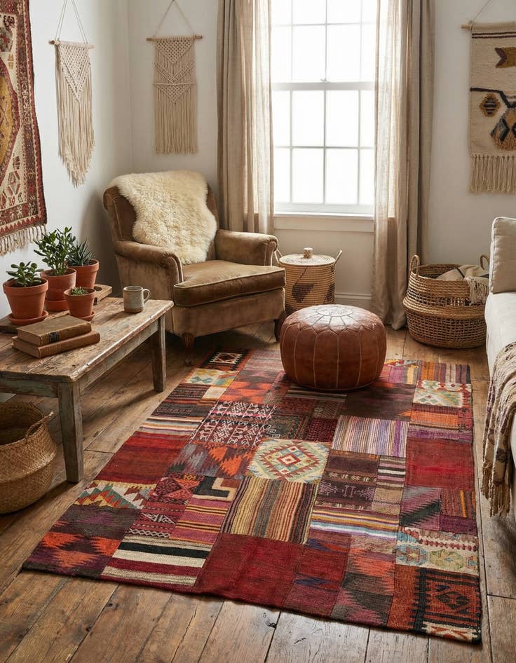 Detail image of  4' 2 x 5' 10  Hand Woven Kilim Patchwork Wool Rug