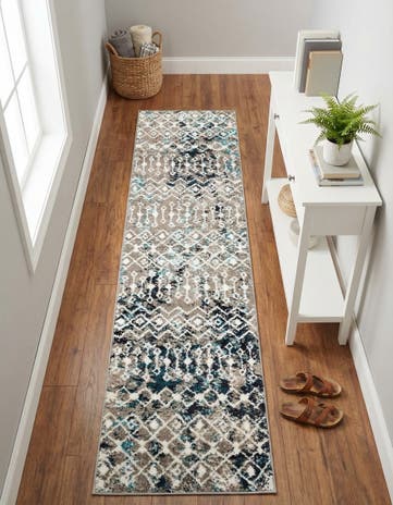 Multi Gray Blue Moroccan Trellis Runner Rug