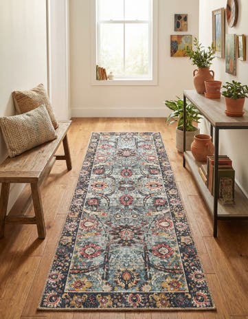 Vintage Green Washable Timeless Runner Rug