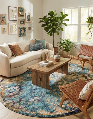 Blue Washable Carnevale Round Rug