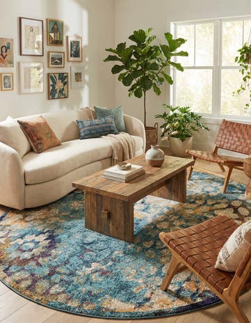 Blue Washable Carnevale Round Rug