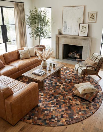 Black and Brown Jean Leather Tag Round Rug