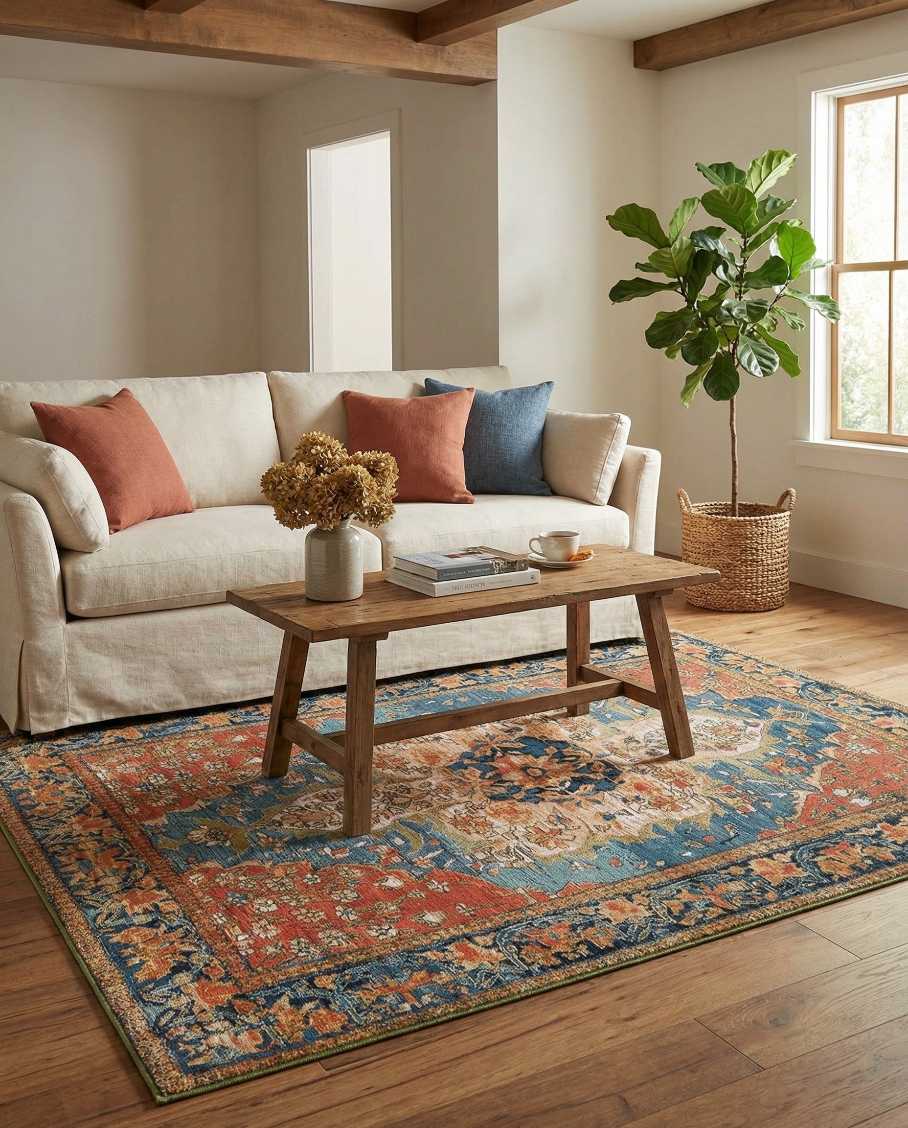 Navy Blue and Rust Red 5' x 7' Easy-Clean Traditional Indoor