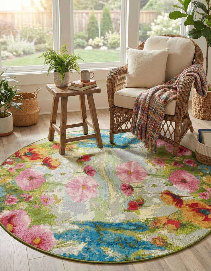 Detail image of  5' x 5'  Washable Botanical Indoor / Outdoor Round Rug