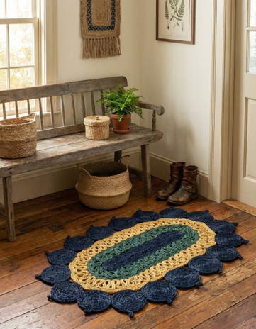Navy Blue Yellow Green Handmade Braided Jute Oval Rug