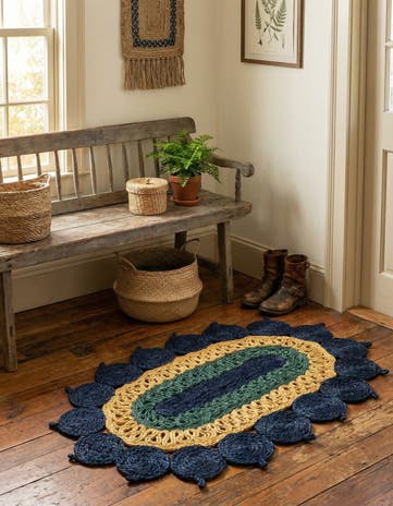 Navy Blue Yellow Green Handmade Braided Jute Oval Rug
