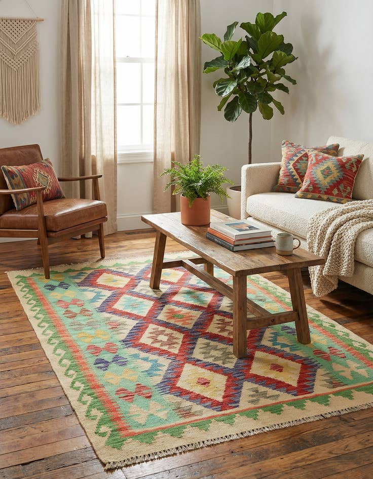 Detail image of  3' 8 x 4' 9  Hand Woven Kilim Maymana Wool Rug