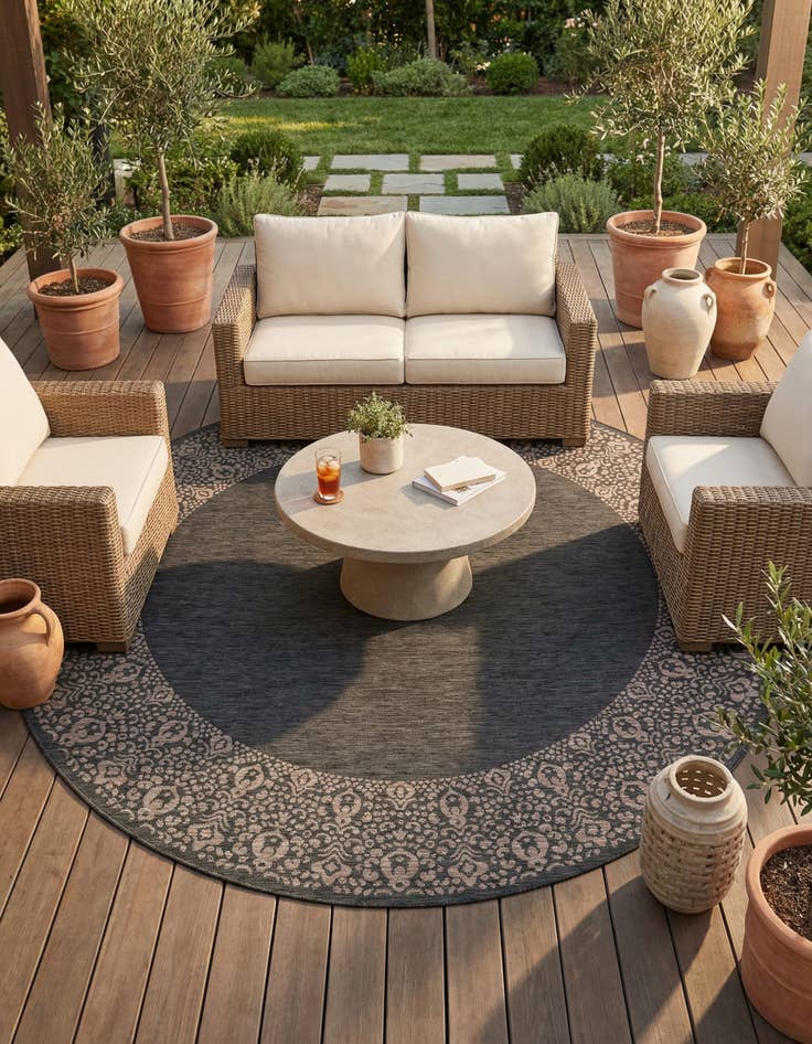 Detail image of 13' x 13' Easy-Clean Border Indoor / Outdoor Round Rug