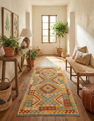 3' 2 x 6' 4 Hand Woven Kilim Maymana Wool Runner Rug
