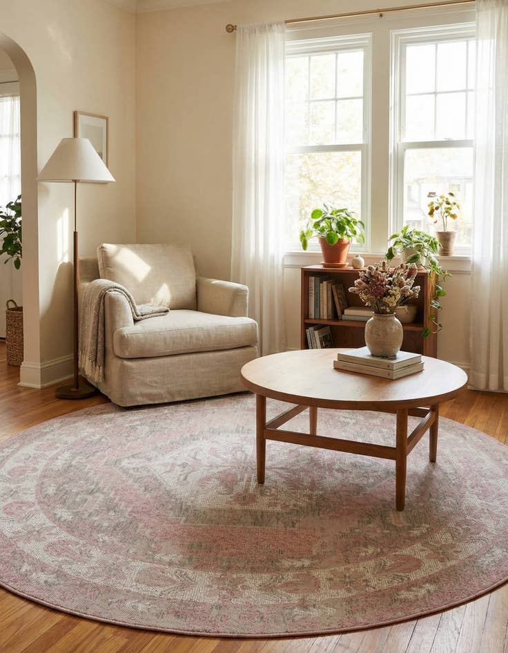 Detail image of 7' 10 x 7' 10  Washable Traditional Indoor / Outdoor Round Rug