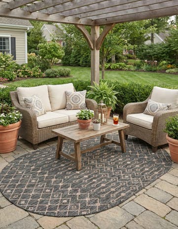 Charcoal Gray Easy-Clean Lattice Indoor / Outdoor Oval Rug