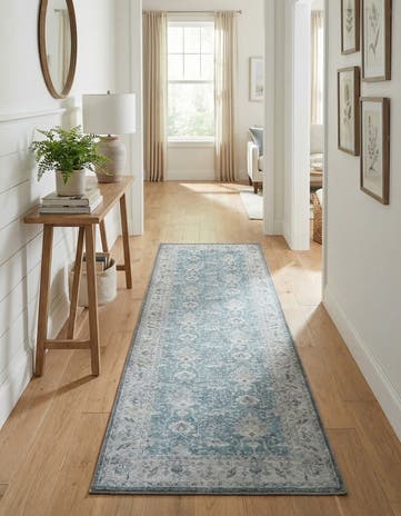 Teal blue Washable Timeless Runner Rug