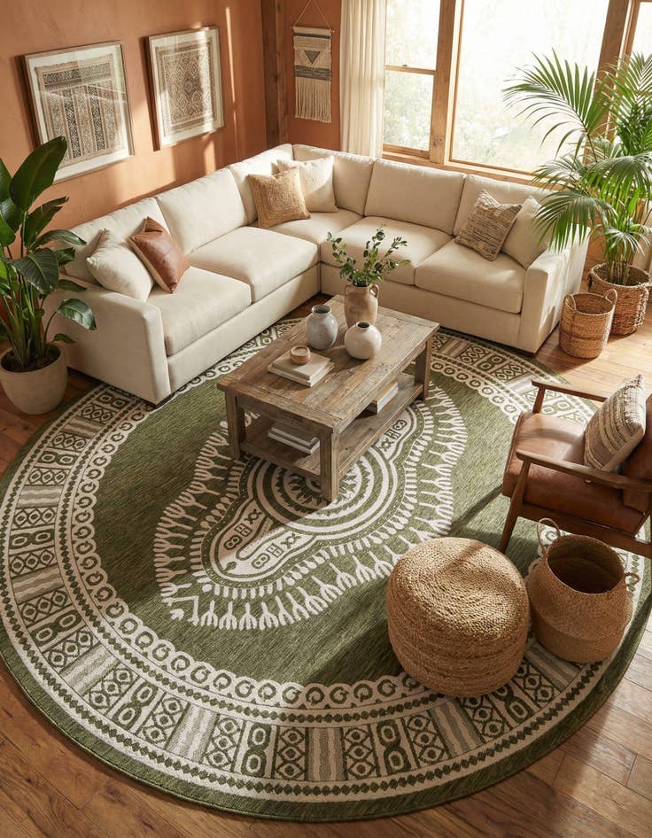Detail image of  13' x 13'  Washable Traditional Indoor / Outdoor Round Rug