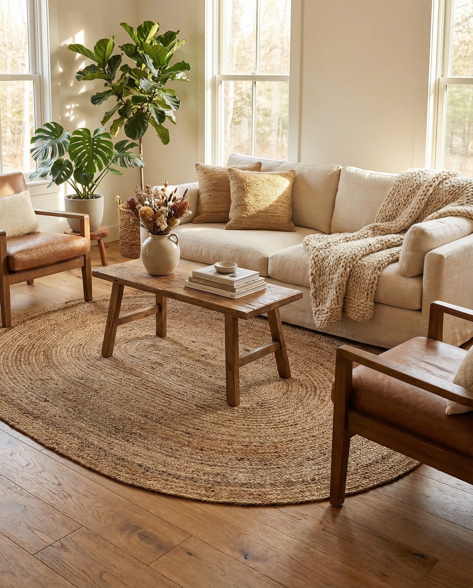 An 8' x 10' oval braided jute rug in natural brown and tan tones, featuring a textured flatweave.