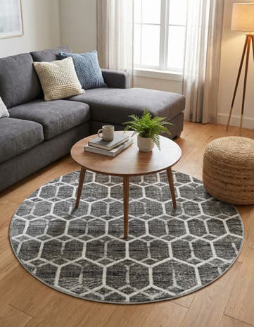 Grey Lattice Trellis Round Rug