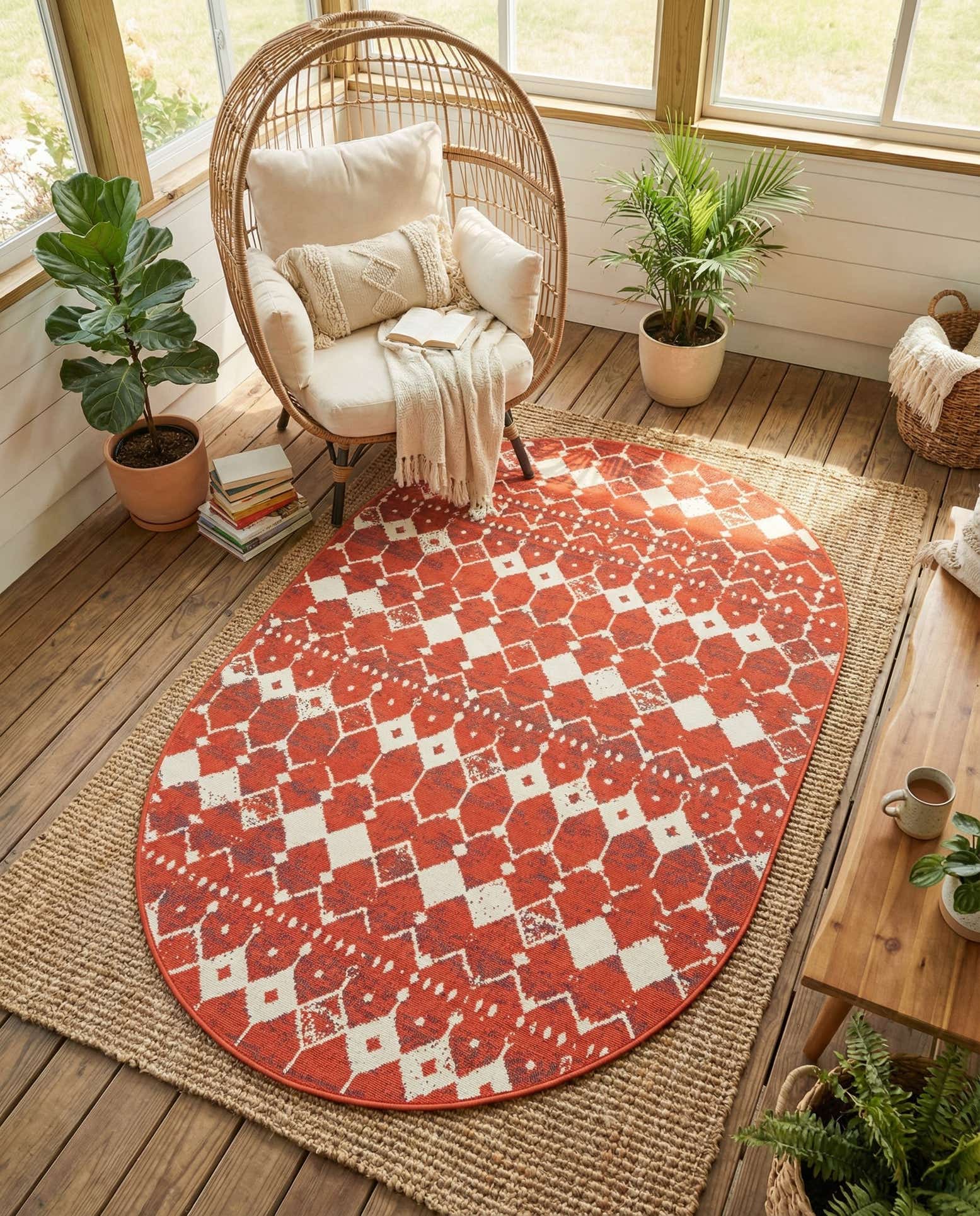 5' 3 x 8' Easy-Clean Trellis Indoor / Outdoor Oval Rug