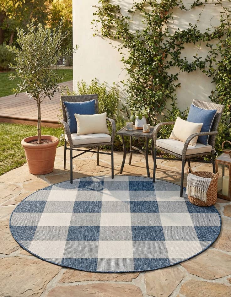 Detail image of 6' x 6'  Washable Checkered Indoor / Outdoor Round Rug