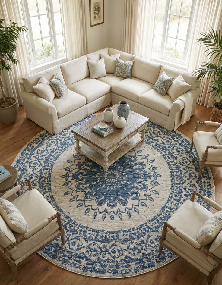 Detail image of 13' x 13' Easy-Clean Traditional Indoor / Outdoor Round Rug