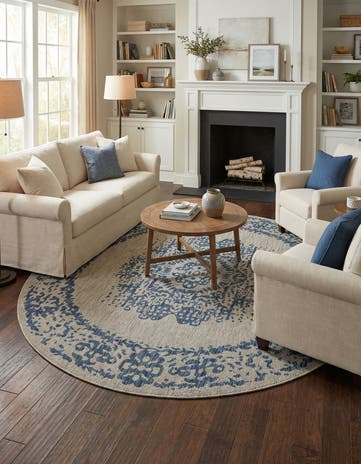 Blue Easy-Clean Traditional Indoor / Outdoor Round Rug