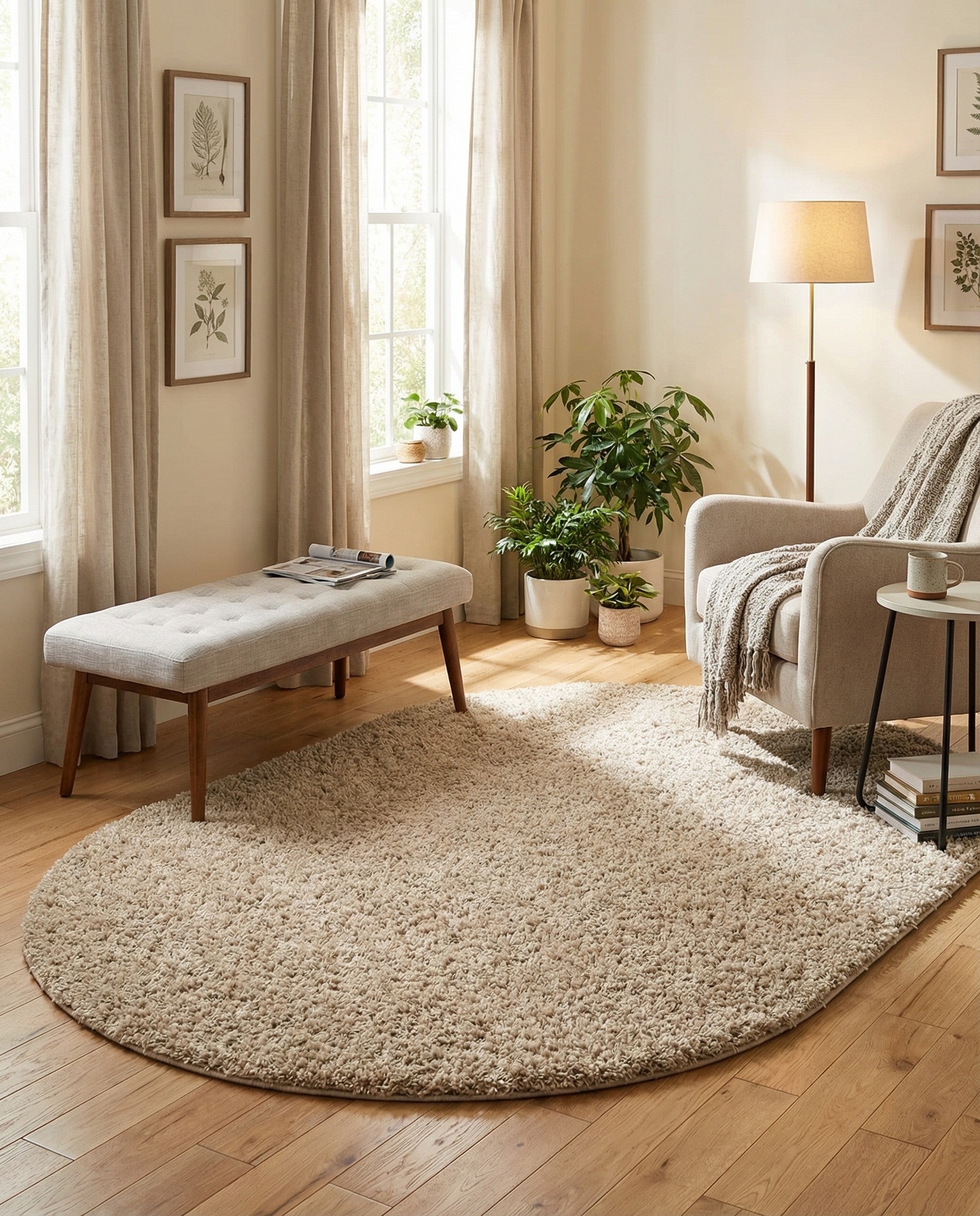 A 5' x 8' oval shag rug in a warm tan or light brown color, featuring a soft, textured pile.